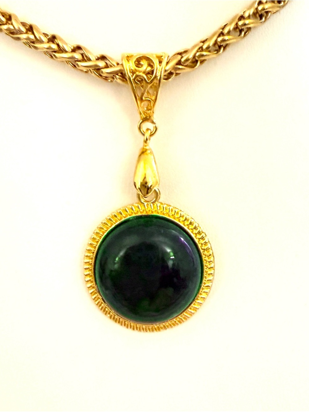 Vintage 14K Gold Filled Dark Green Tourmaline Pendant Necklace Woven Chain